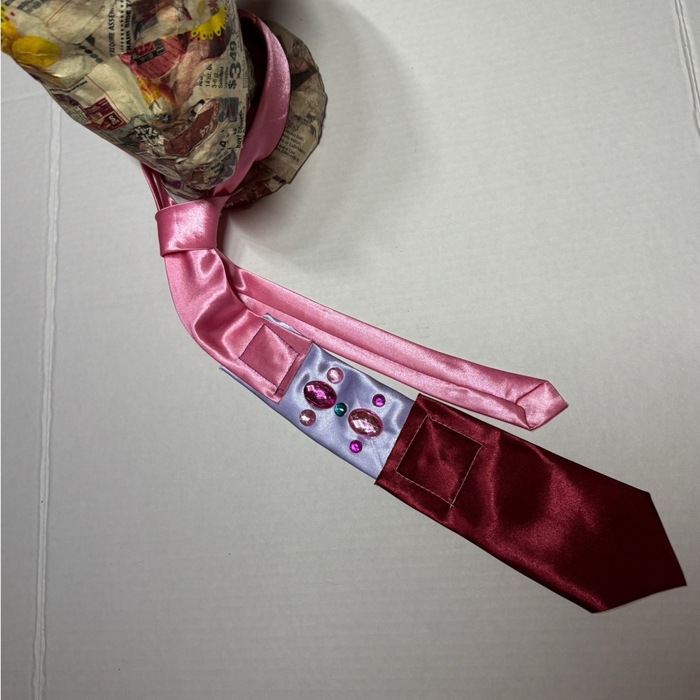 Pink and Red Satin Tie with Gem Accents handmade
